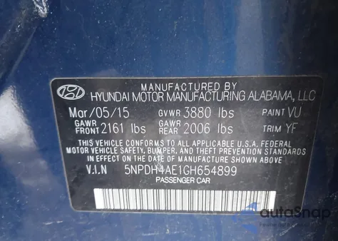 2016 Hyundai Elantra Se from USA, damaged, VIN 5NPDH4AE1GH654899